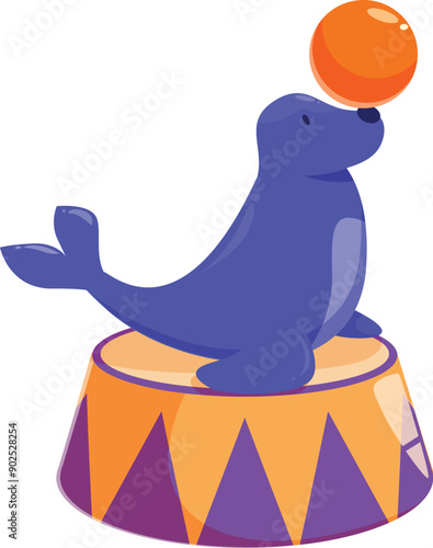Trained circus seal balancing an orange ball on its nose while standing on a stage