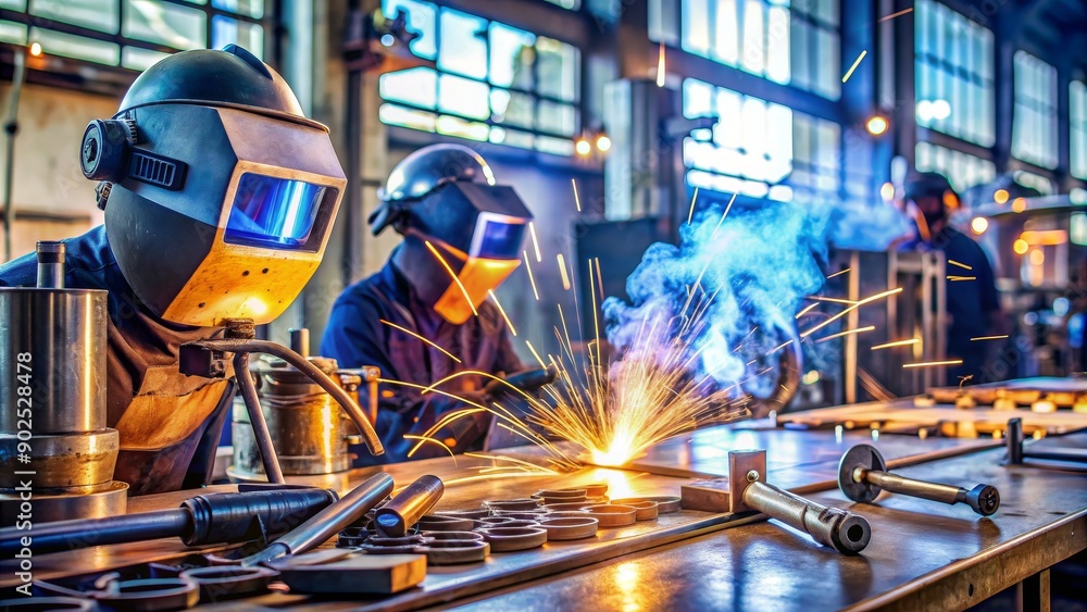 Welder's Perspective Close-up of Welding Sparks and Blue Smoke, Factory Work, Industrial, Welding, Sparks, Metal, Heat Welder's Perspective Close-up of Welding Sparks and Blue Smoke, Factory Work, Industrial, Welding, Sparks, Metal, Heat