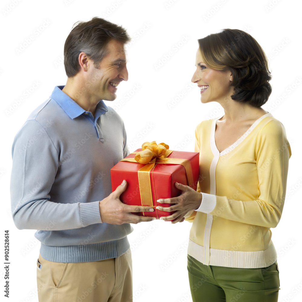 Couple exchanging a gift with happy expressions Couple exchanging a gift with happy expressions