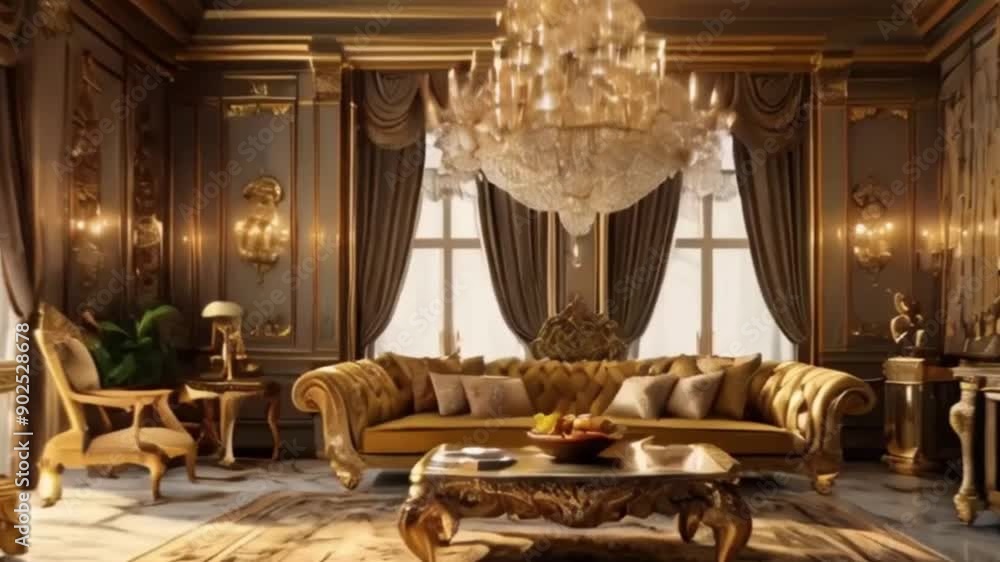 luxury hotel room with a gilt couch and chandelier luxury hotel room with a gilt couch and chandelier