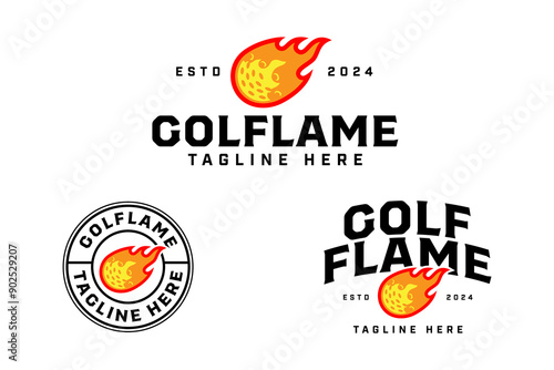 golf club with ball and flame logo design for golfer and tournament.  golf professional with ball and fire shot sign symbol modern logo. golf sport emblem badge logo illustration