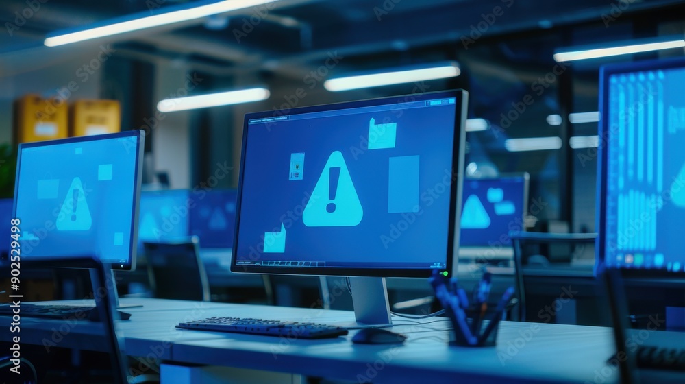 Office with Computers Showing Blue Screen Warning Office with Computers Showing Blue Screen Warning