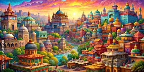 A Colorful Cityscape with Domes, Mosques, and a River at Sunset, Digital Painting, Cityscape, Architecture, Sunset