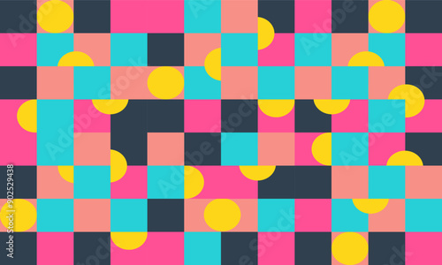 pink blue gray square block with yellow dot patter repeat seamless pattern design for fabric printing or t-shirt screening paint