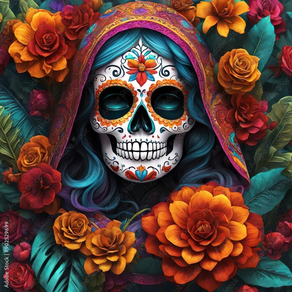 Woman with Day of the Dead makeup wearing a colorful hood surrounded by vibrant flowers and leaves. Celebration and tradition concept. Greeting card design Woman with Day of the Dead makeup wearing a colorful hood surrounded by vibrant flowers and leaves. Celebration and tradition concept. Greeting card design