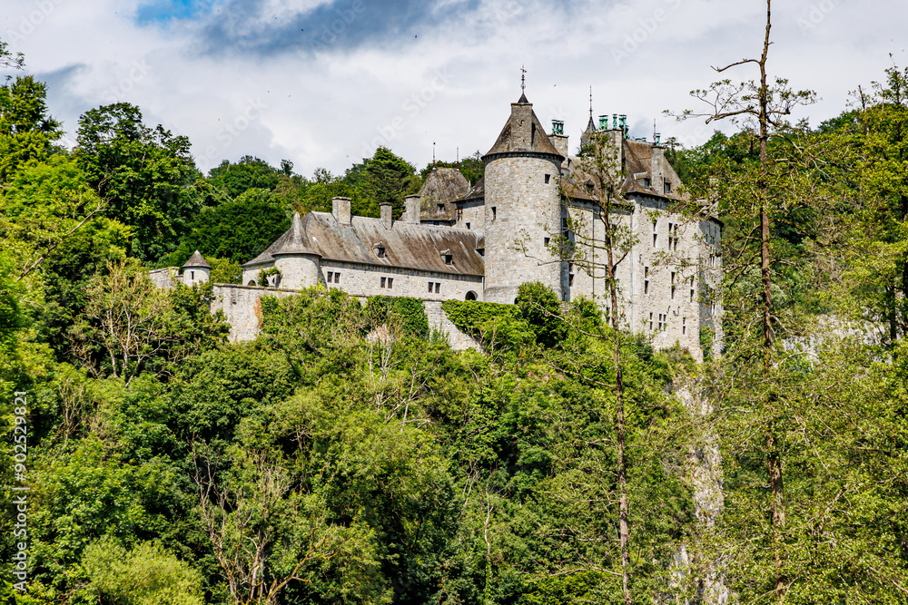 Medieval Walzin Castle on rocky hill protruding from lush green trees, Gothic style, stone walls and towers, seen from a low angle perspective, sunny summer day in Namur province, Wallonia, Belgium Medieval Walzin Castle on rocky hill protruding from lush green trees, Gothic style, stone walls and towers, seen from a low angle perspective, sunny summer day in Namur province, Wallonia, Belgium