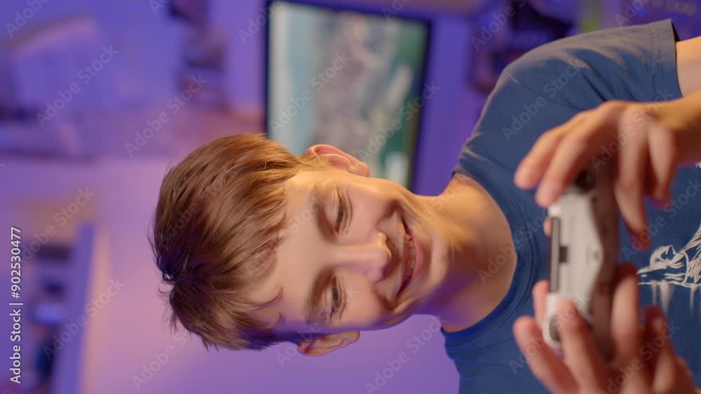 Video game user neck warm-up teenage boy deeply engrossed in playing a mobile game in a dimly lit room with a purple ambiance and a TV screen in bokeh Video game user neck warm-up teenage boy deeply engrossed in playing a mobile game in a dimly lit room with a purple ambiance and a TV screen in bokeh