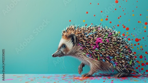 hedgehog covered in colorful pencil shavings, running on the ground with a turquoise background, color splashes of paint, minimalism, pop art photo