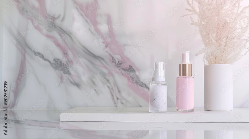 Luxurious Skincare Bottles on Marble Surface with Soft Pink Background Luxurious Skincare Bottles on Marble Surface with Soft Pink Background