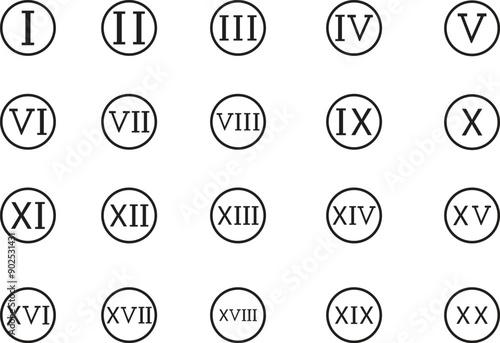 Roman numerals icons Set. Roman numerical numbers from 1 to 20 types one to twenty in alphabet letters logos designs for calendar numbers or any count isolated on transparent background. Math symbols.