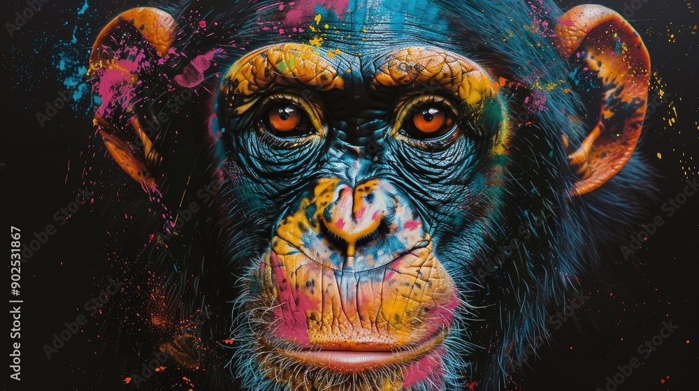 Real chimpanzee's head made by colorful wild color splash,acrylic style Real chimpanzee's head made by colorful wild color splash,acrylic style