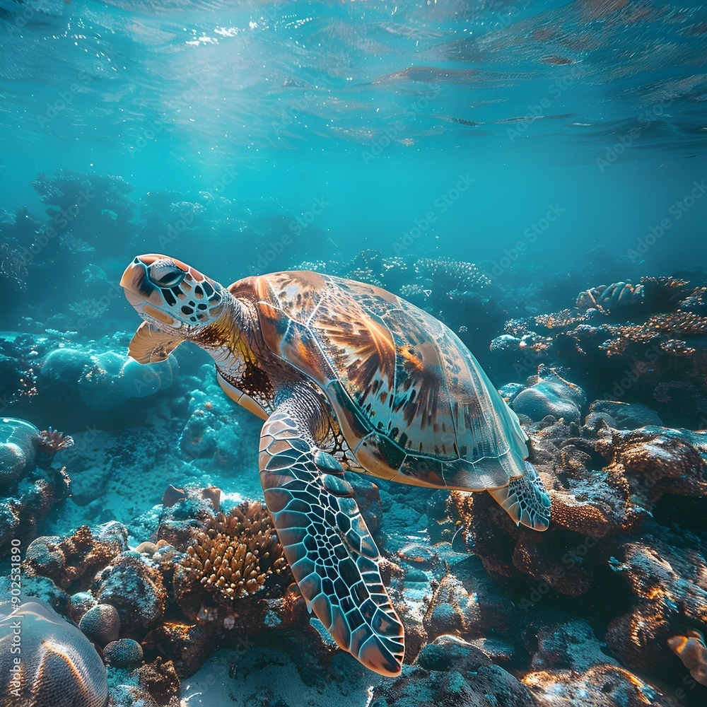 Fototapeta premium Sea Turtle Gracefully Gliding Through Pristine Coral Reef Underwater