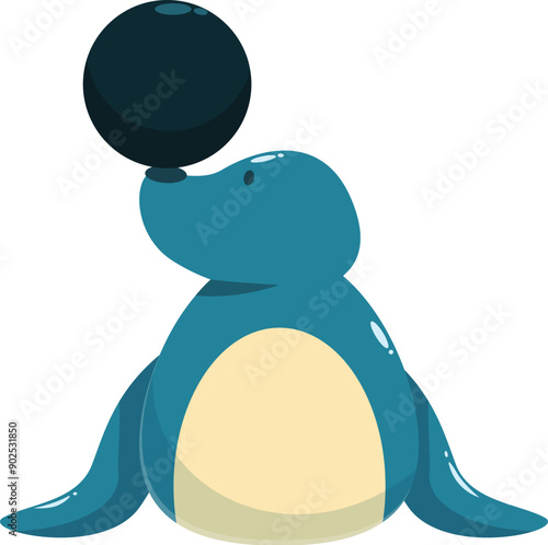 Cartoon seal balancing a ball on its nose, performing a circus trick