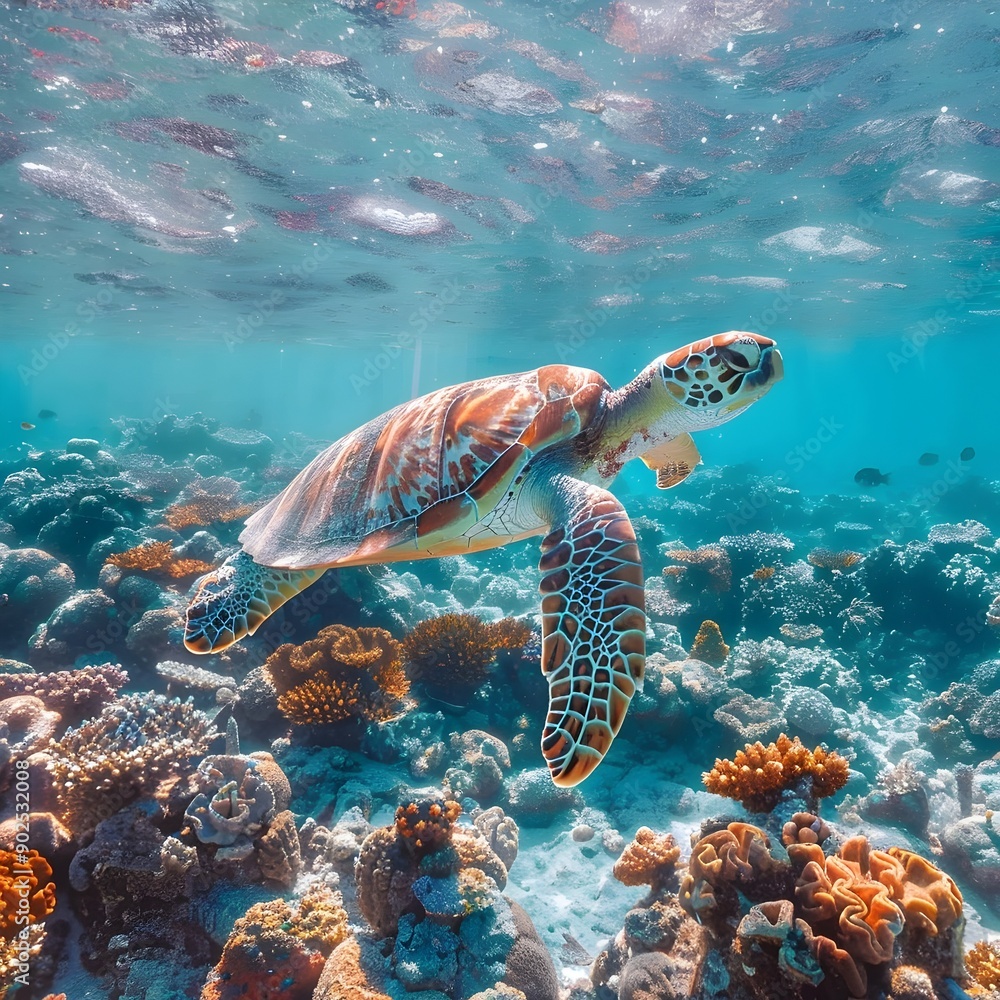 Obraz premium Graceful Sea Turtle Gliding Above Vibrant Coral Reef in Crystal Clear Ocean Waters