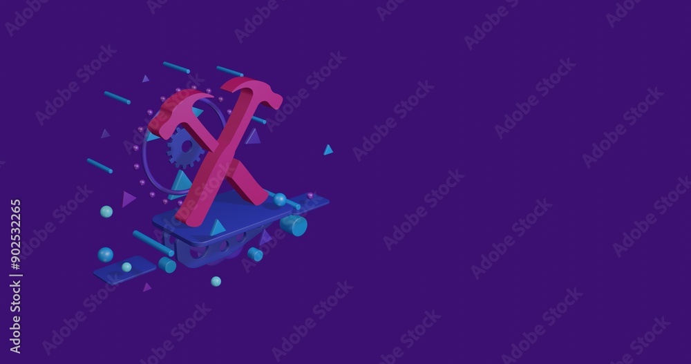 Pink crossed hammers symbol on a pedestal of abstract geometric shapes floating in the air. Abstract concept art with flying shapes on the left. 3d illustration on deep purple background Pink crossed hammers symbol on a pedestal of abstract geometric shapes floating in the air. Abstract concept art with flying shapes on the left. 3d illustration on deep purple background