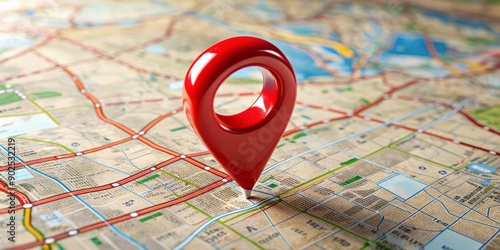 A red pin markers a specific location on a white background map, indicating a polling station or voting center in a democratic election process. photo