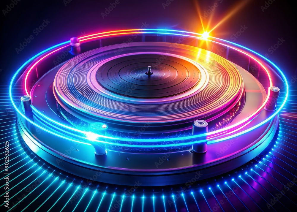 Vibrant glowing lines radiate from a futuristic circular turntable, emitting a mesmerizing digital aura, evoking a sense of high-tech innovation and dynamic energy. Vibrant glowing lines radiate from a futuristic circular turntable, emitting a mesmerizing digital aura, evoking a sense of high-tech innovation and dynamic energy.
