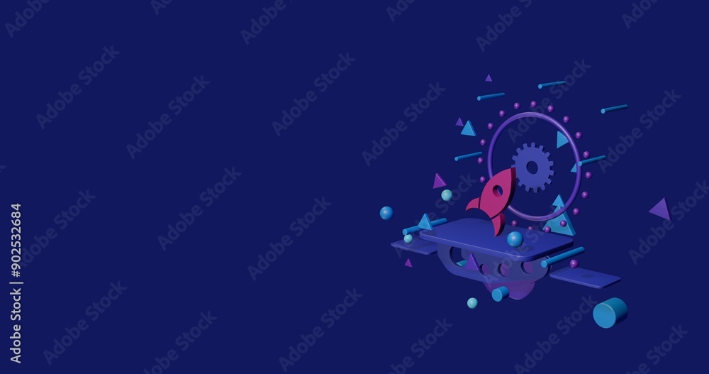 Pink rocket symbol on a pedestal of abstract geometric shapes floating in the air. Abstract concept art with flying shapes on the right. 3d illustration on indigo background Pink rocket symbol on a pedestal of abstract geometric shapes floating in the air. Abstract concept art with flying shapes on the right. 3d illustration on indigo background