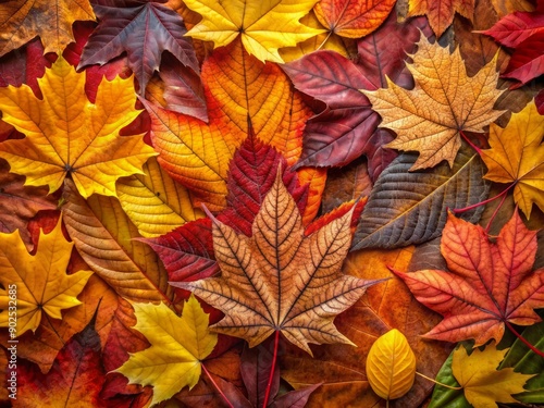 Vibrant autumn leaves in shades of orange, yellow, red, and brown create a picturesque background with intricate textures and playful natural patterns. © Sirinporn