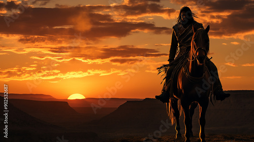 Indian on Horseback at Sunset Scene