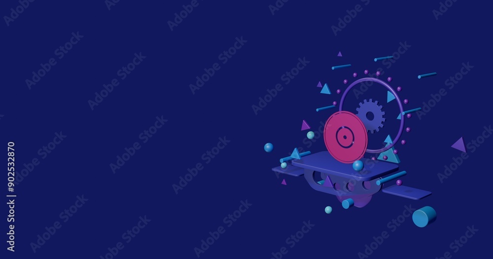 Obraz premium Pink gramophone record symbol on a pedestal of abstract geometric shapes floating in the air. Abstract concept art with flying shapes on the right. 3d illustration on indigo background