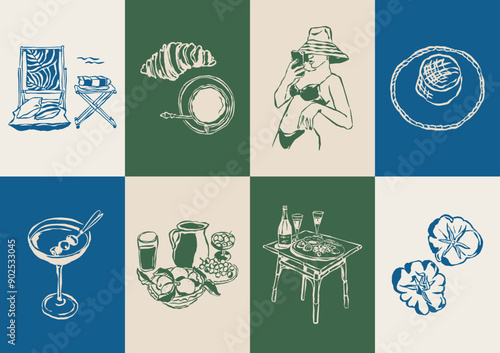 Minimalist Dolce Vita vector illustration collection. Art for greeting cards, wedding invitations, poster design, postcards, branding, logo design, background.
