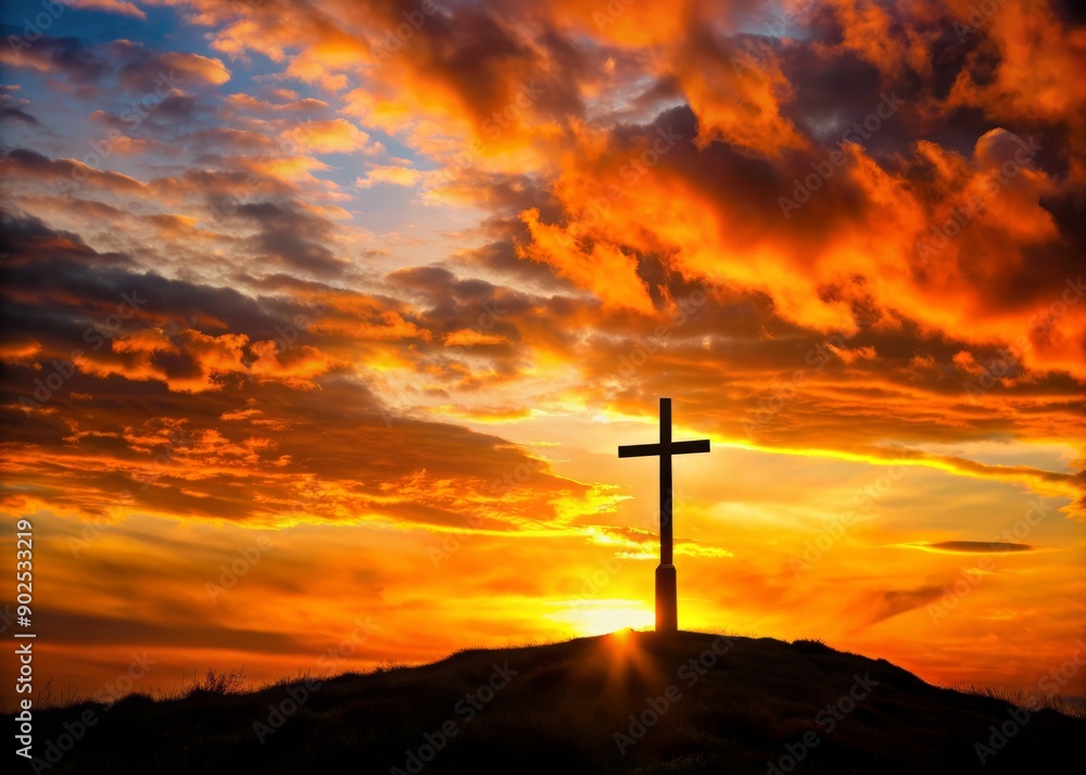 A solitary cross stands tall on a hill, dramatically silhouetted against a vibrant, orange-hued sky with streaked clouds, as the sun sets peacefully. A solitary cross stands tall on a hill, dramatically silhouetted against a vibrant, orange-hued sky with streaked clouds, as the sun sets peacefully.