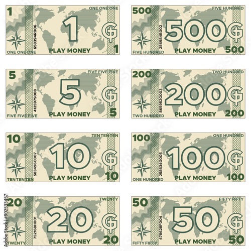 A set of play money. Isolated on white background. Vector illustration.