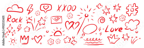 Hand drawn various elements. Charcoal or pencil drawn rough red elements.