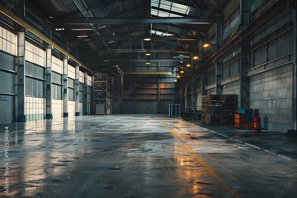Spacious industrial warehouse with polished concrete floor and ambient lighting. Spacious industrial warehouse with polished concrete floor and ambient lighting.