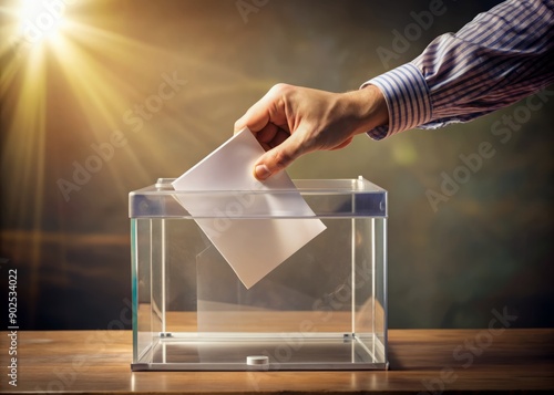 A hand casts a vote by depositing a ballot into a transparent ballot box against a soft, illuminated interior backdrop, highlighting the democratic process. photo