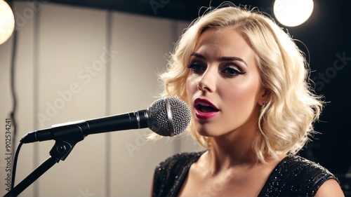 A blonde woman is passionately singing into a Shure microphone