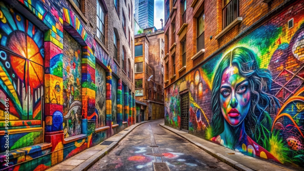 Fototapeta premium Vibrant street art and graffiti transform a gritty, urban alleyway into a kaleidoscope of colors, capturing the dynamic, rebellious essence of the city's untamed spirit.