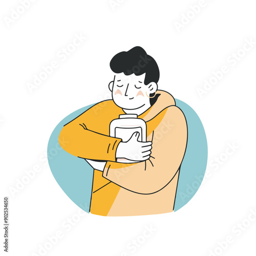  A person happily hugging a product. vector illustration