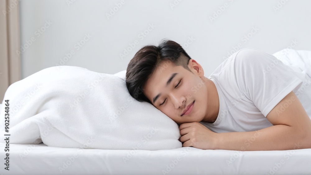 A man is peacefully sleeping on a cozy bed with his head resting on a pillow A man is peacefully sleeping on a cozy bed with his head resting on a pillow