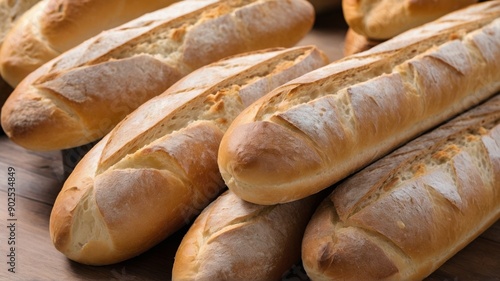 A number of fresh loaves of bread are sitting on a wooden table