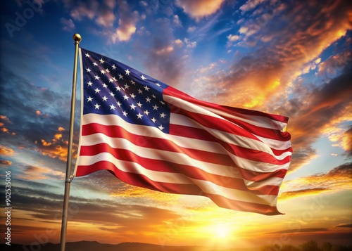 American flag waving in the foreground with a subtle gradient of red, white, and blue, symbolizing patriotism, freedom, and democracy in the upcoming election season. photo