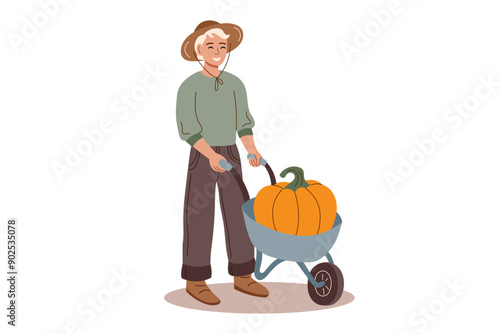 Harvest festival. Happy harvest poster. Autumn, harvest and Thanksgiving concept. Man with cart with big pumpkin isolated on white.