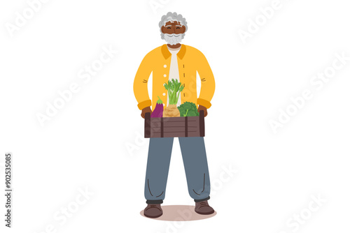 Harvest festival. Happy harvest poster. Autumn, harvest and Thanksgiving concept. Man with box of vegetables isolated on white.