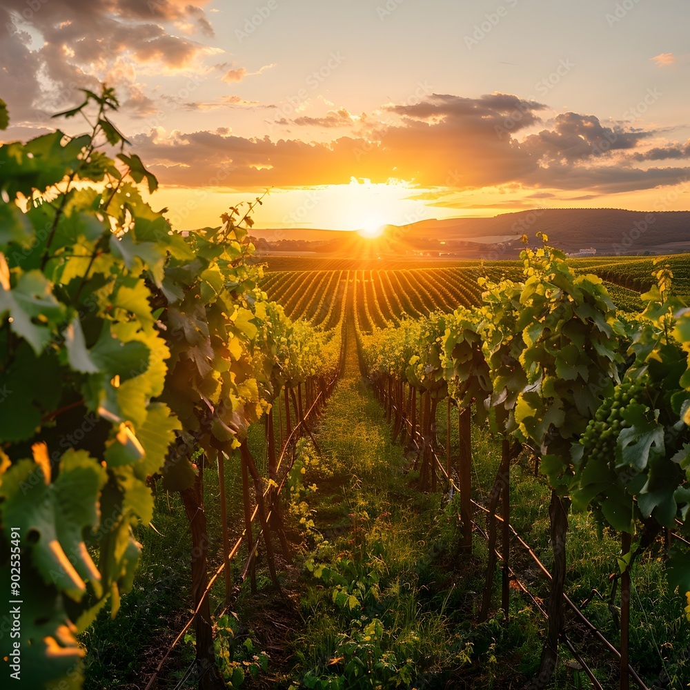 Fototapeta premium Sunrise over a Picturesque Vineyard Symbol of New Beginnings and Seasonal Renewal