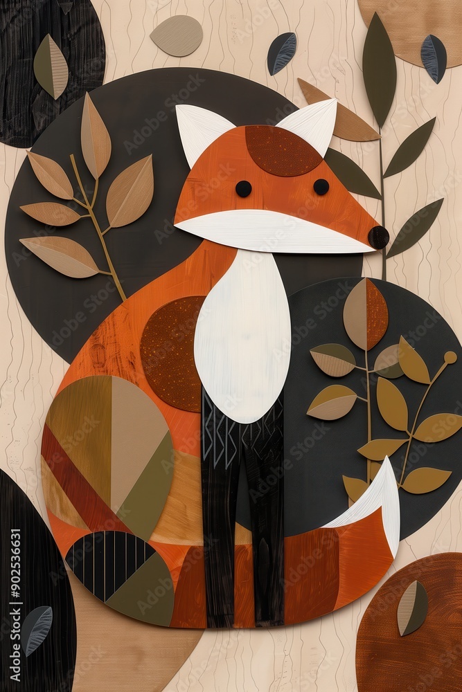 Obraz premium Abstract Geometric Fox Art - Modern Wooden Wall Decor with Earthy Tones and Leaf Motifs - Contemporary Animal Illustration for Home or Office Decoration