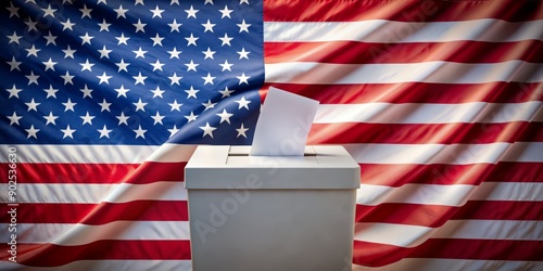 American flag waves proudly behind a ballot box as a single vote is cast, symbolizing democracy and patriotism in a critical election process. photo