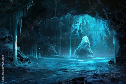 Glowing Ice Cave With Frozen Lake And Icicles photo