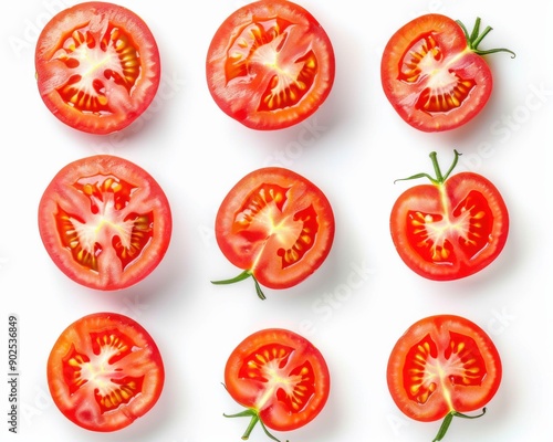 Sliced Tomatoes. Fresh Whole and Half Tomatoes on White Background. Top View Vegetable Concept