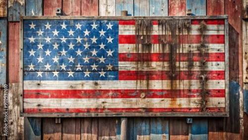 Faded, worn, and vintage patriotic election billboard on old barnwood sign, with peeling paint, showcases American spirit, eagerly awaiting voters' decisions at the poll. photo