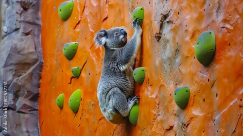 koala climbing on a wall with green hand holds and orange background, nature park or zoo, outdoor activity for koala enthusiasts photo