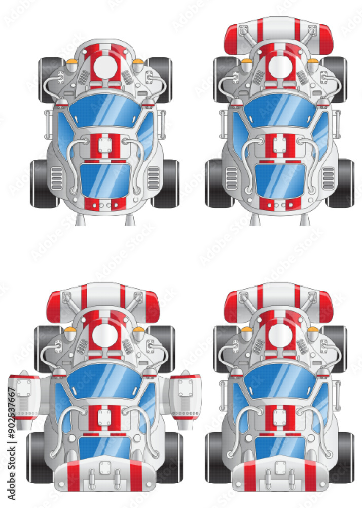 Fototapeta premium A set of options for a futuristic car. Pixel art. View from above. Isolated on white background. Vector illustration. 