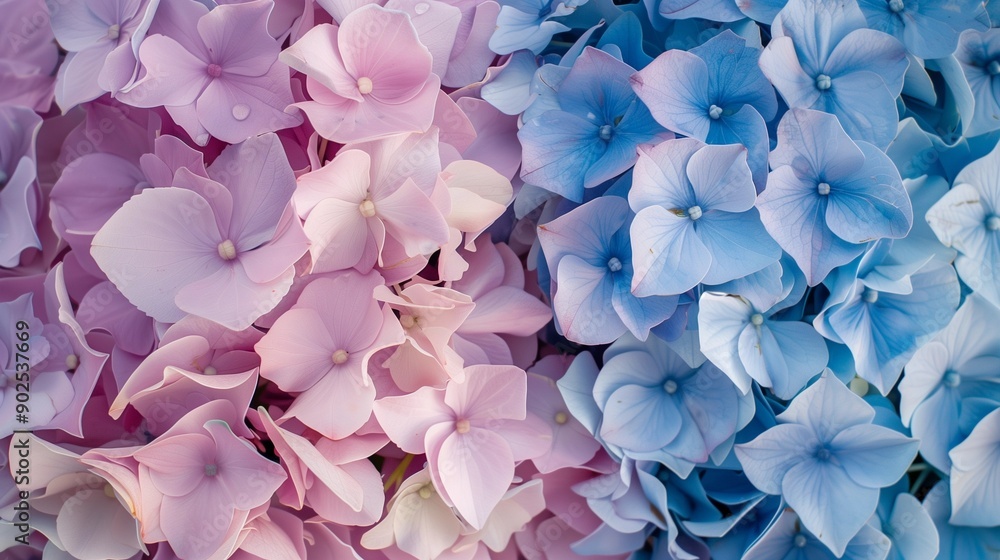 Obraz premium background with flowers, Hydrangea, close-up of blue and pink petals, floral background