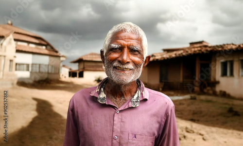 Old senior indian poor man portrait with a dark brown wrinkled face and white hair and a white beard