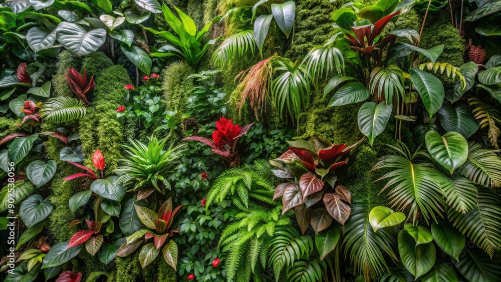 Obraz premium Lush tropical foliage featuring dark green anthurium, epiphytes, and ferns forms a stunning plant wall design in a misty cloud forest environment.